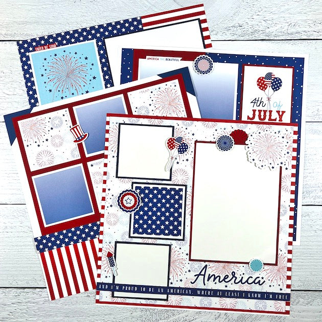 July 4th 12x12 Scrapbook Page Layouts with stars, stripes, and fireworks