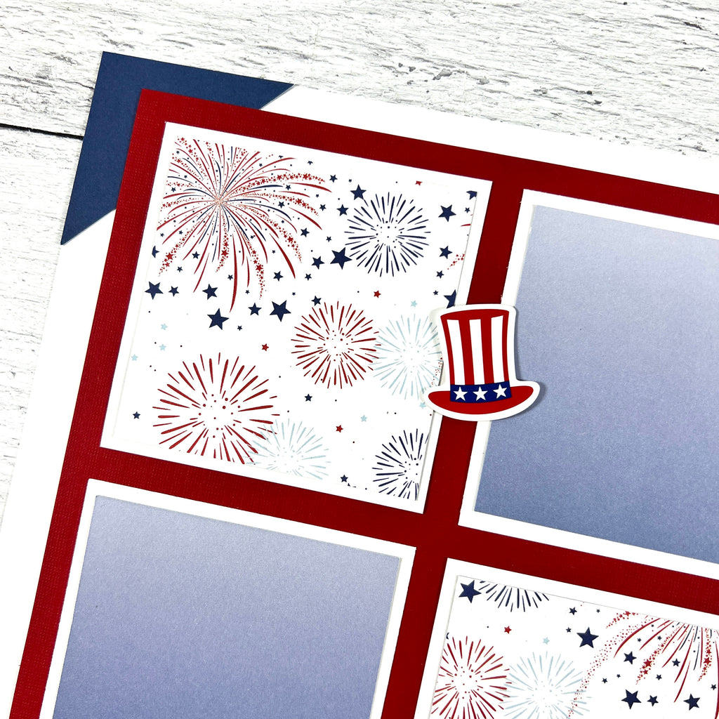 July 4th 12x12 Scrapbook Page Layout with fireworks and patriotic hat