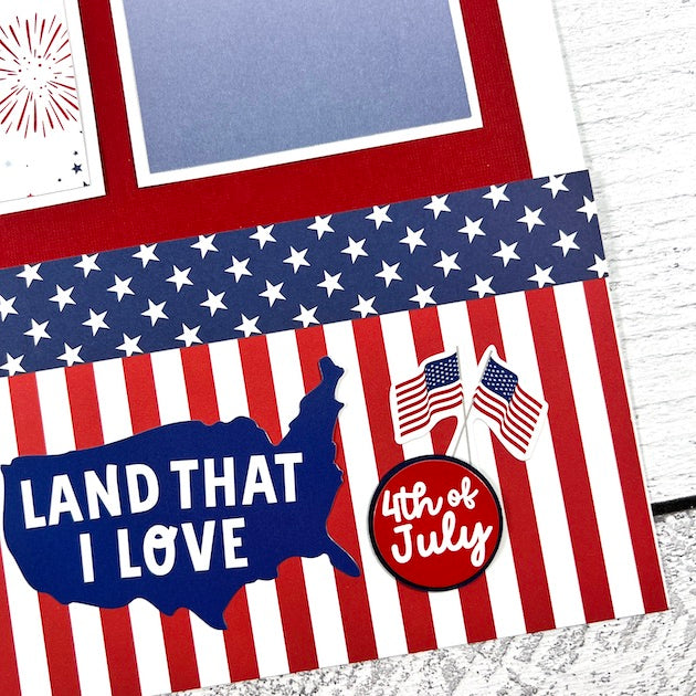 July 4th 12x12 Scrapbook Page Layout with stars, stripes, and flags