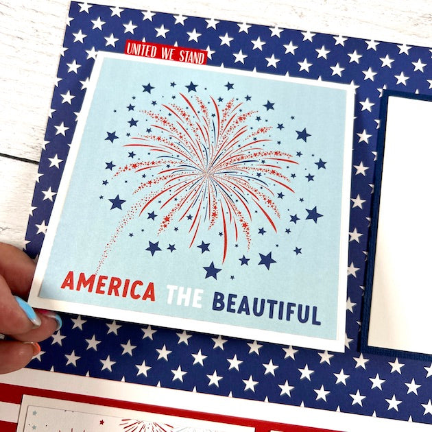 July 4th 12x12 Scrapbook Page Layout with stars, stripes, and fireworks
