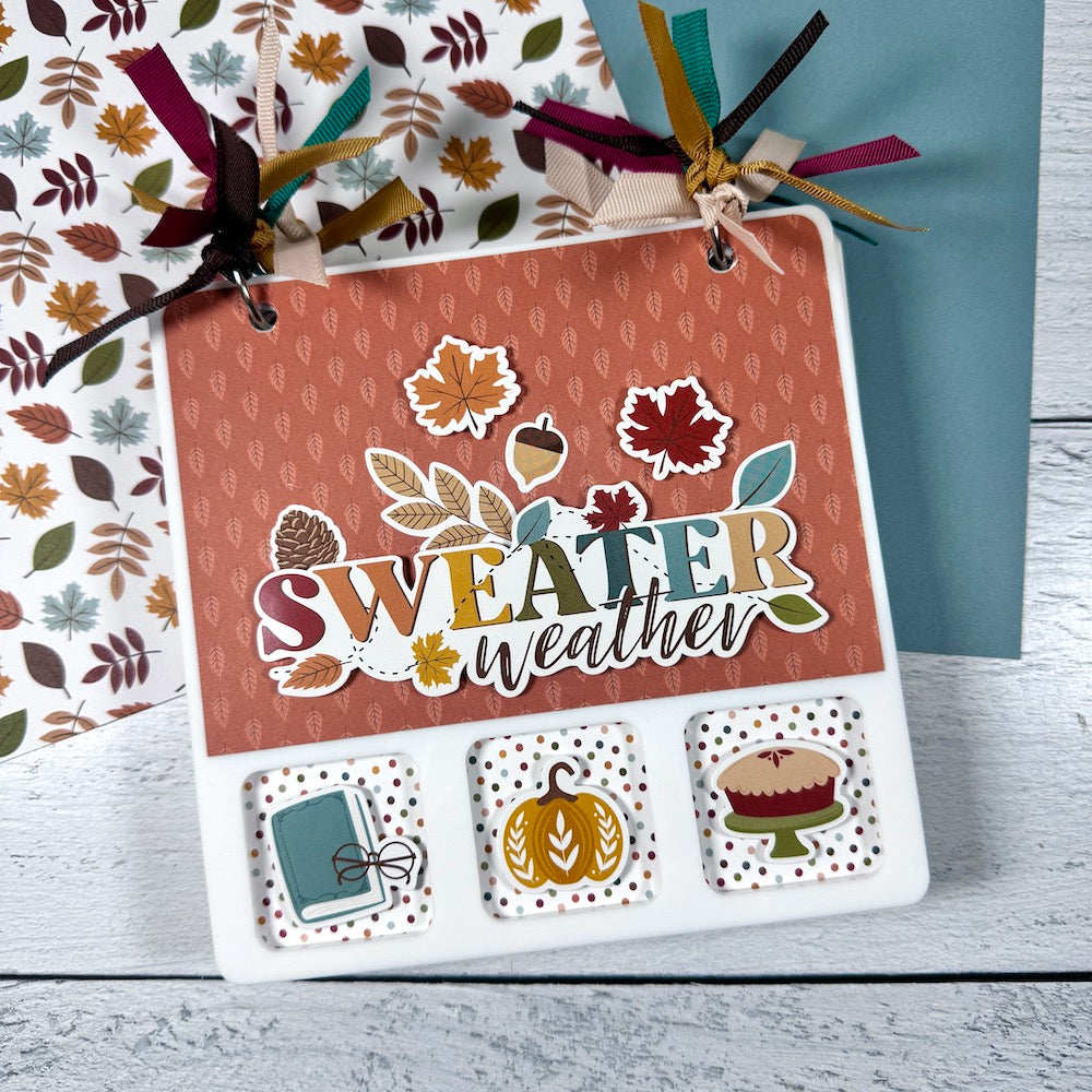 Sweater Weather Fall Acrylic Scrapbook Album with cut-outs, leaves, pinecones, acorns and pumpkins