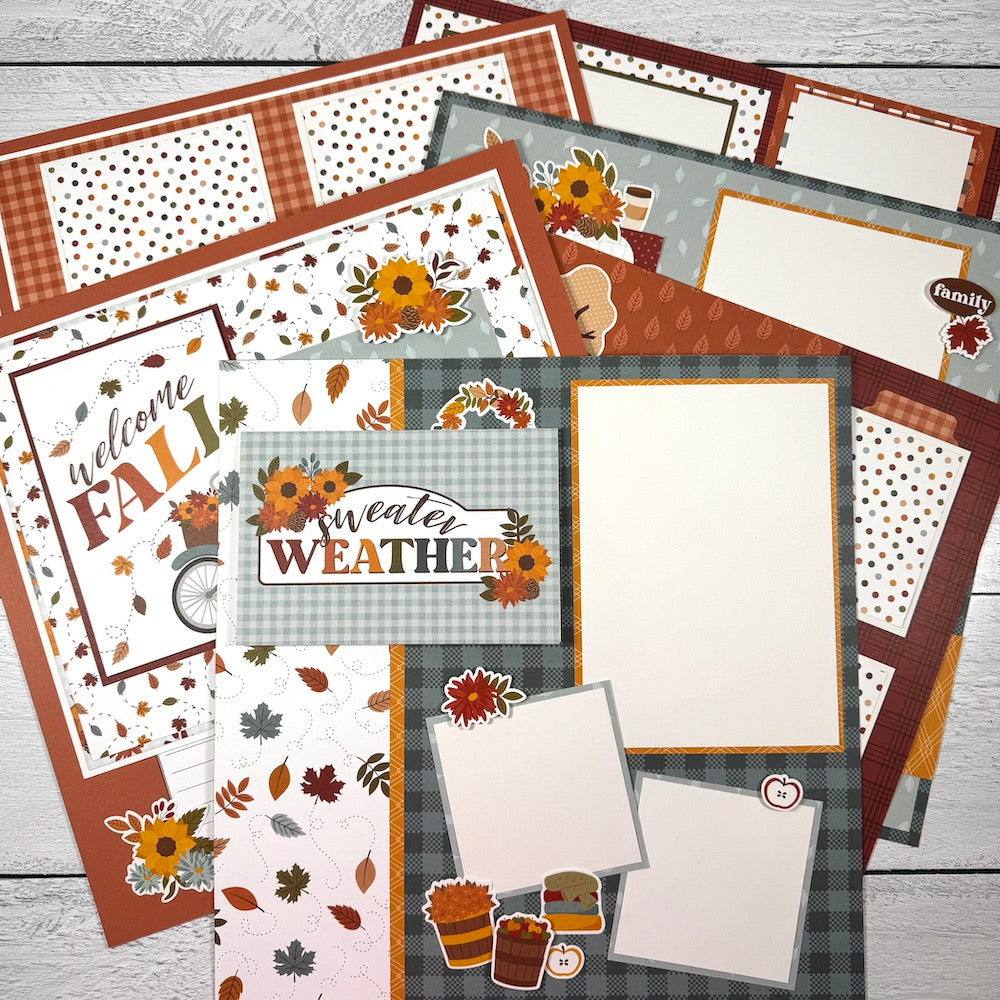 12x12  Sweater Weather Fall Scrapbook Page Layout Kit with leaves, flowers, and autumn colors