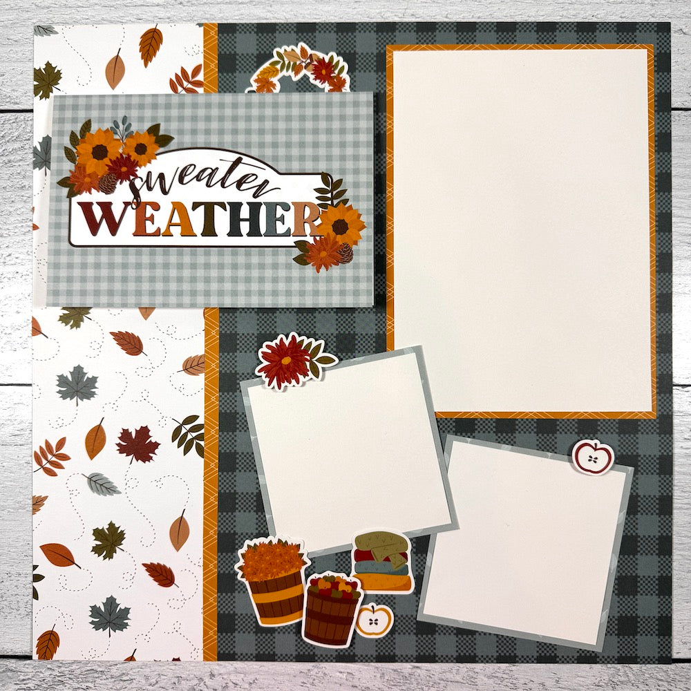 12x12  Sweater Weather Fall Scrapbook Page Layout with leaves, flowers, and autumn colors