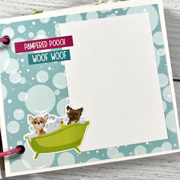 Spoiled Dog Scrapbook Album page with bubbles, a bathtub, and a photo mat