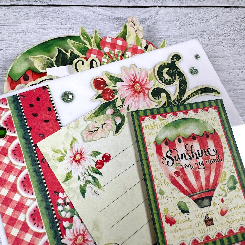 Pretty Summer Acrylic Scrapbook Album with a watermelon, hot air balloon, and flowers