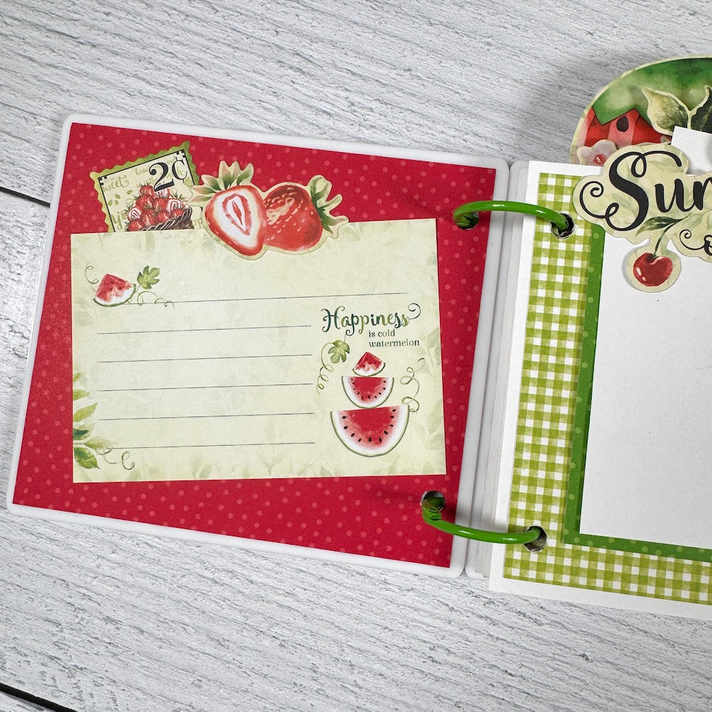 Summer Scrapbook Album page with strawberries, a stamp, and a watermelon journaling card