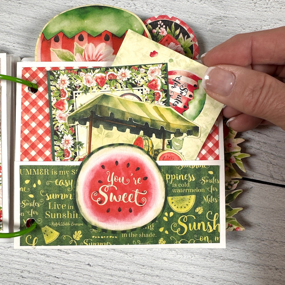 Summer Scrapbook Album page with watermelon, flowers, a pocket, and journaling cards