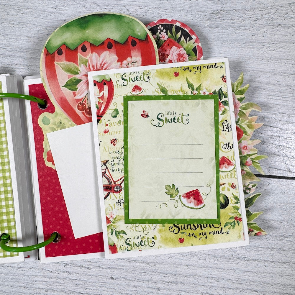 Summer Scrapbook Album page with watermelon, a hot air balloon, and flowers