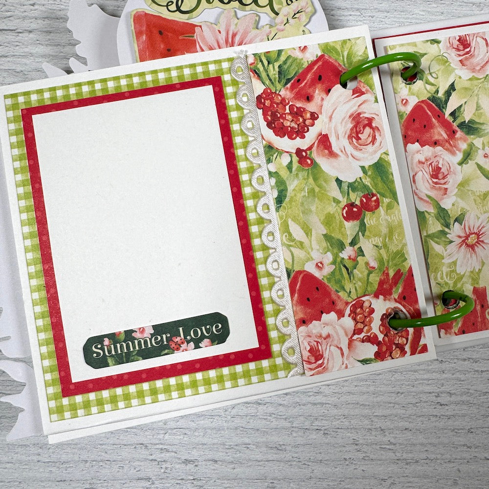 Summer Scrapbook Album page with watermelon, flowers, and a pretty scalloped ribbon