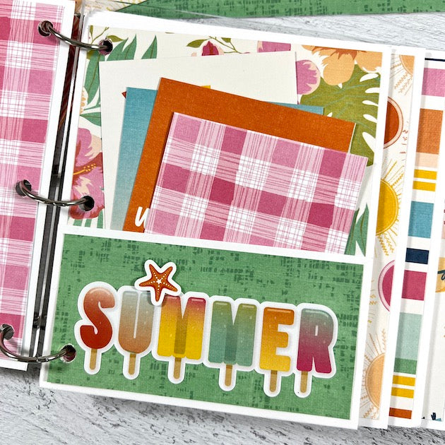 Sunny Days Summer Scrapbook Album Page with a pocket and journaling cards
