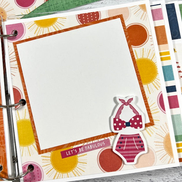 Sunny Days Summer Scrapbook Album Page with sunshine, swimsuits, and a bikini