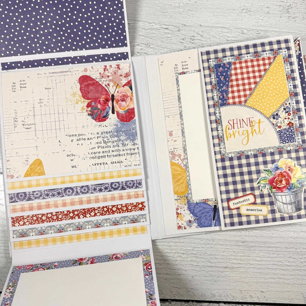 Easy Breezy Summer Scrapbook Album Page with layered waterfall pages, butterflies, and flowers