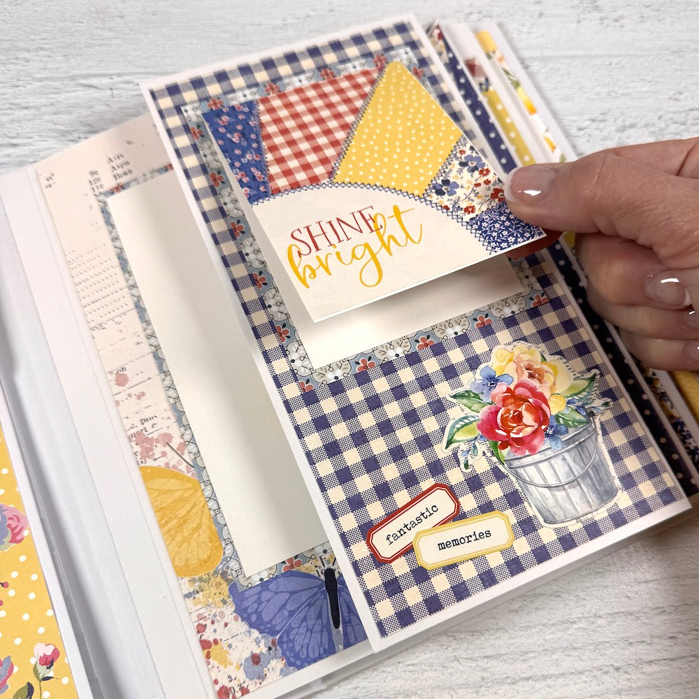 Easy Breezy Summer Scrapbook Album Page with a folding card, butterflies, and flowers