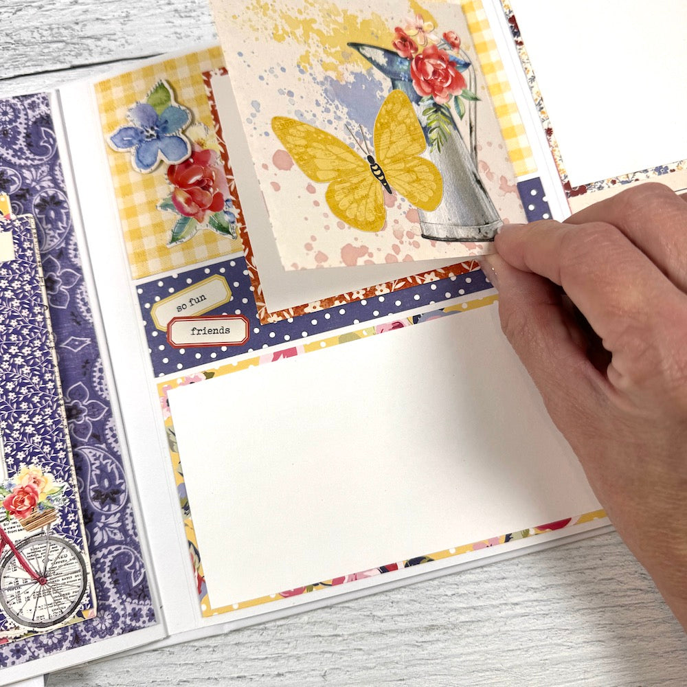 Easy Breezy Summer Scrapbook Album Page with a folding card, butterflies, and flowers