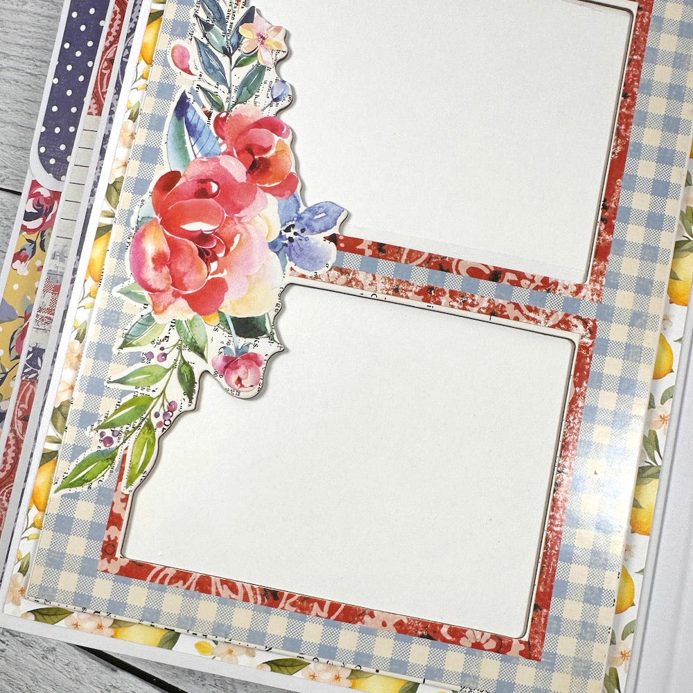 Easy Breezy Summer Scrapbook Album Page with gorgeous flowers, a gingham print, and two photo mats