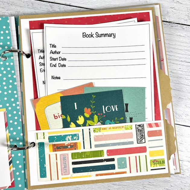 Book Nerd Scrapbook Album page with a pocket and journaling cards