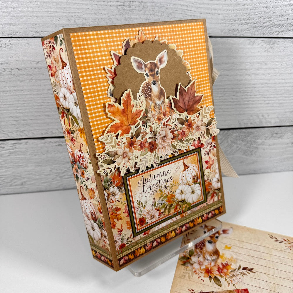 Autumn Greetings Scrapbook Album Kit with pretty fall leaves, flowers, pumpkins, and a baby deer