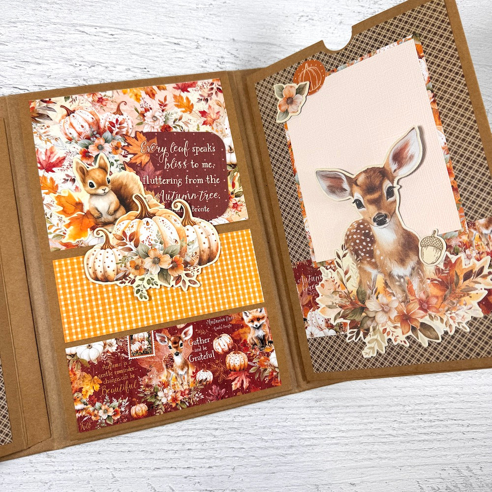 Autumn Greetings Scrapbook Album page with fall leaves, flowers, pumpkins, a cute deer, and a squirrel