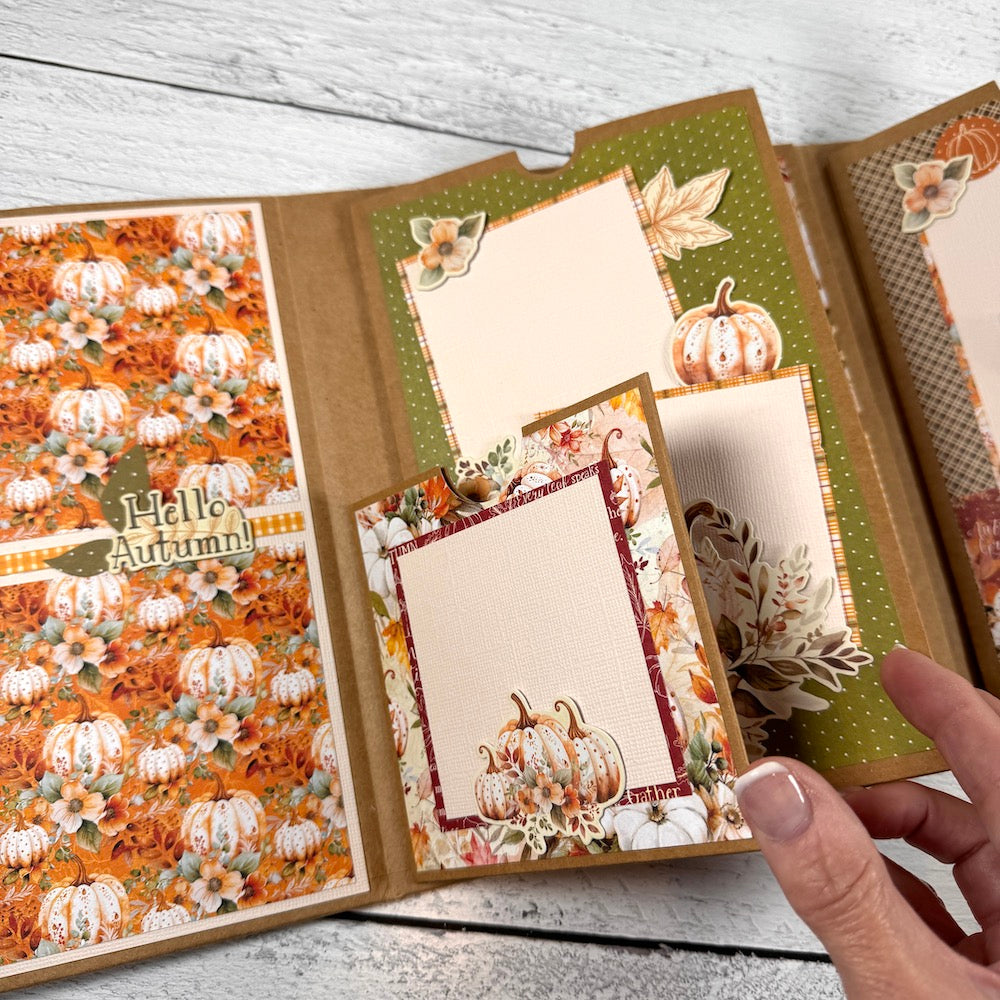 Autumn Greetings Scrapbook Album page with pretty fall leaves, flowers, and pumpkins