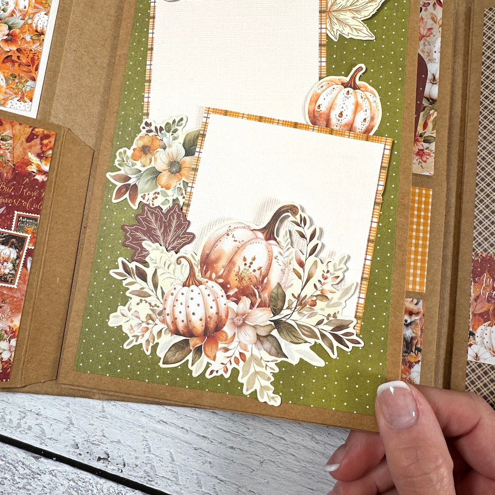 Autumn Greetings Scrapbook Album page with pretty fall leaves, flowers, and pumpkins