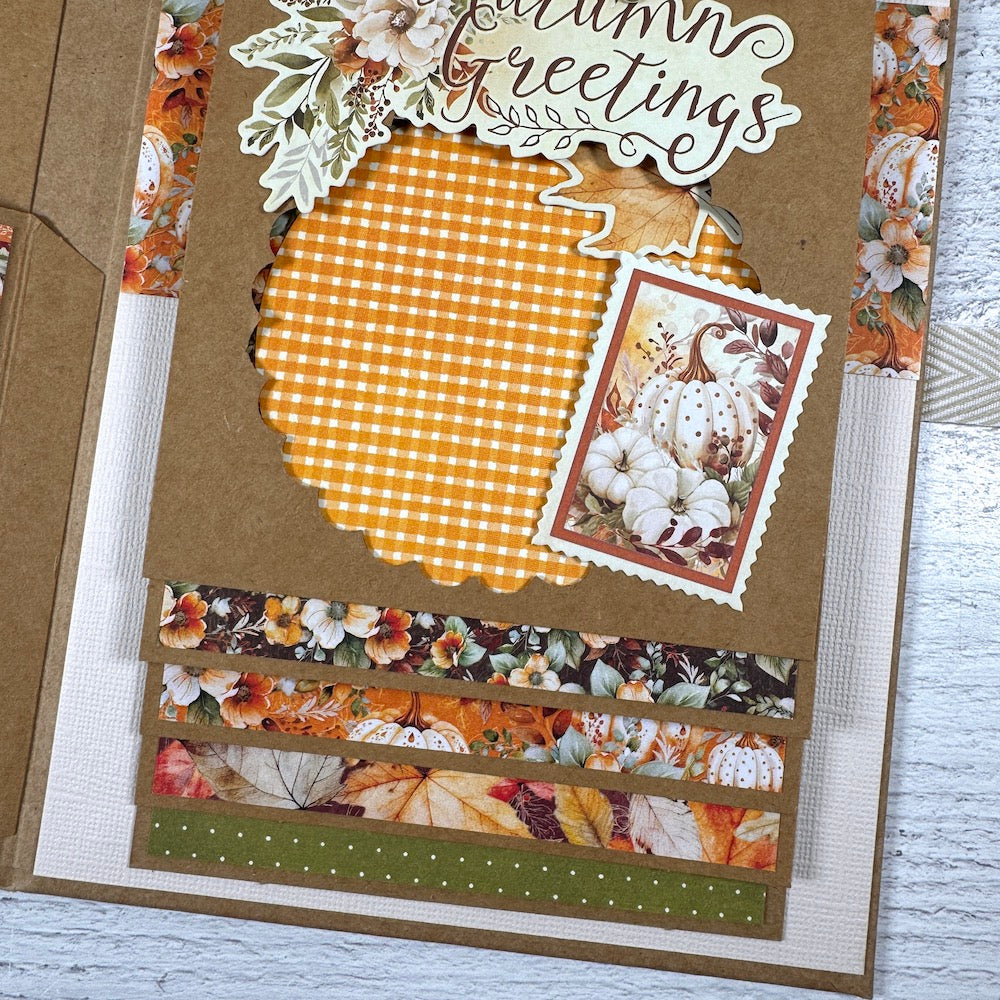 Autumn Greetings Scrapbook Album with waterfall pages, pumpkins, flowers, and fall leaves 