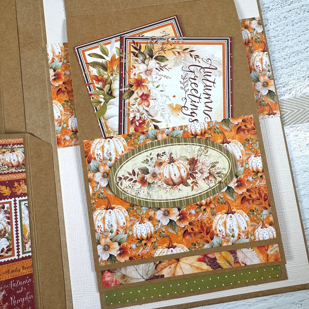 Autumn Greetings Scrapbook Album page with a pocket, fall leaves, flowers, and pumpkins