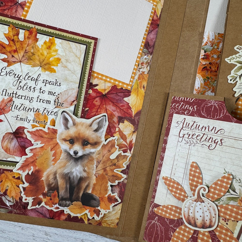 Autumn Greetings Scrapbook Album page with fall leaves, a pumpkin, a cute fox