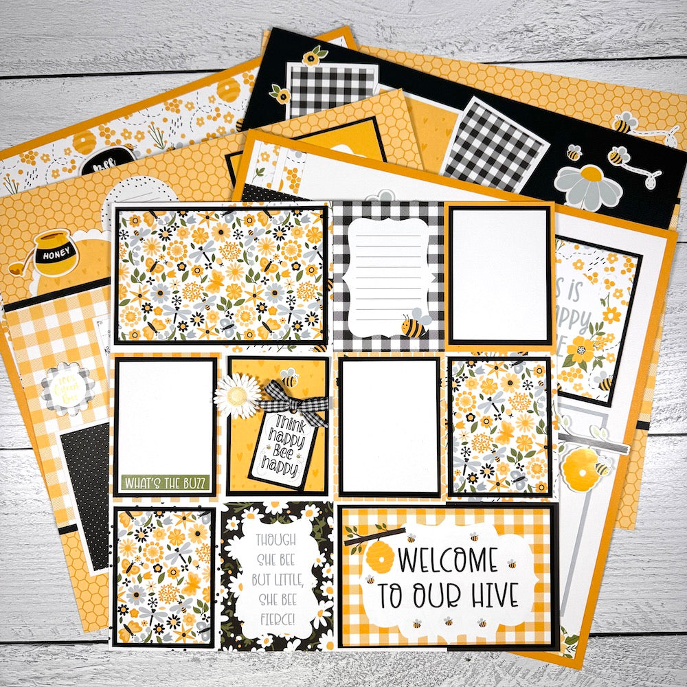 12x12 Bee Happy Scrapbook Page Layouts with flowers, bees, honey pots, and beehives