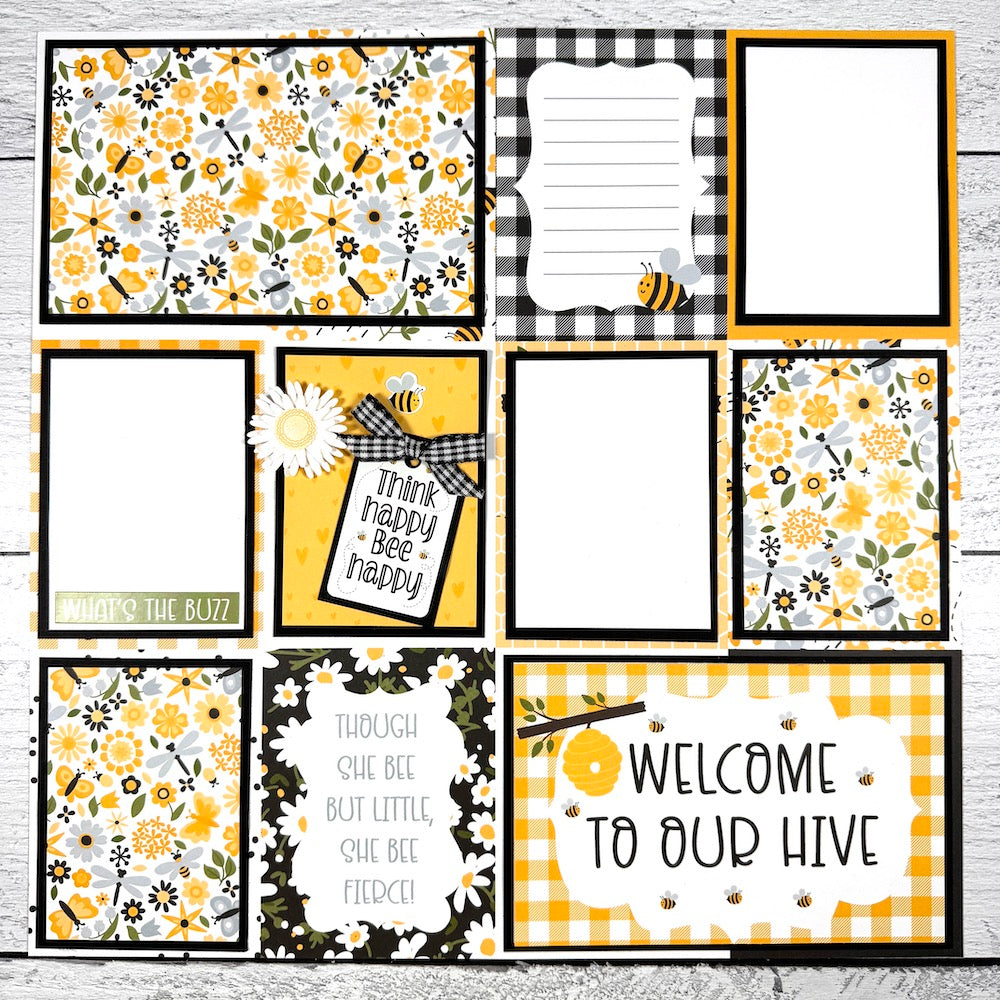 12x12 Bee Happy Scrapbook Page Layout with daisy flowers, bees, and butterflies