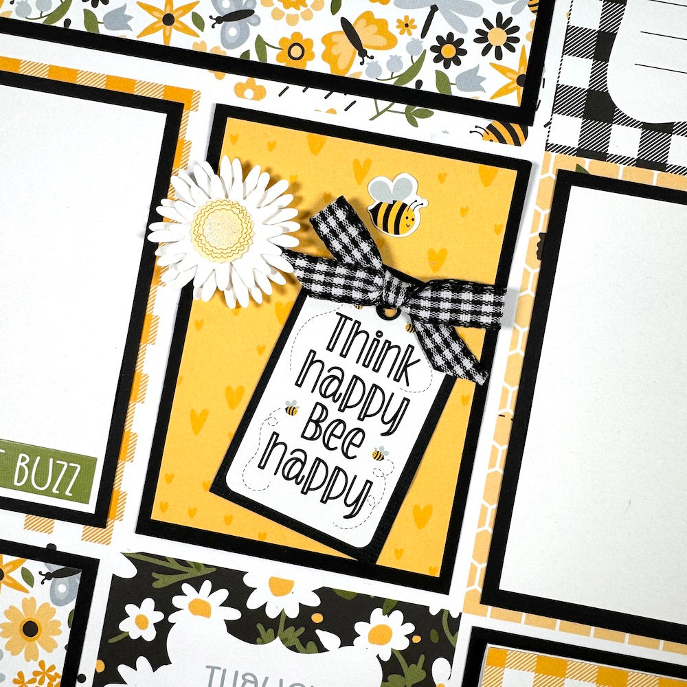 12x12 Bee Happy Scrapbook Page Layout with daisy flowers, bees, and a cute tag with a gingham bow