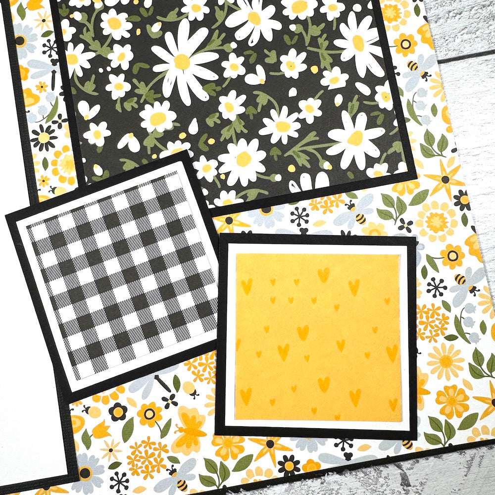 12x12 Bee Happy Scrapbook Page Layout with daisy flowers, bees, butterflies, hearts, and a gingham print