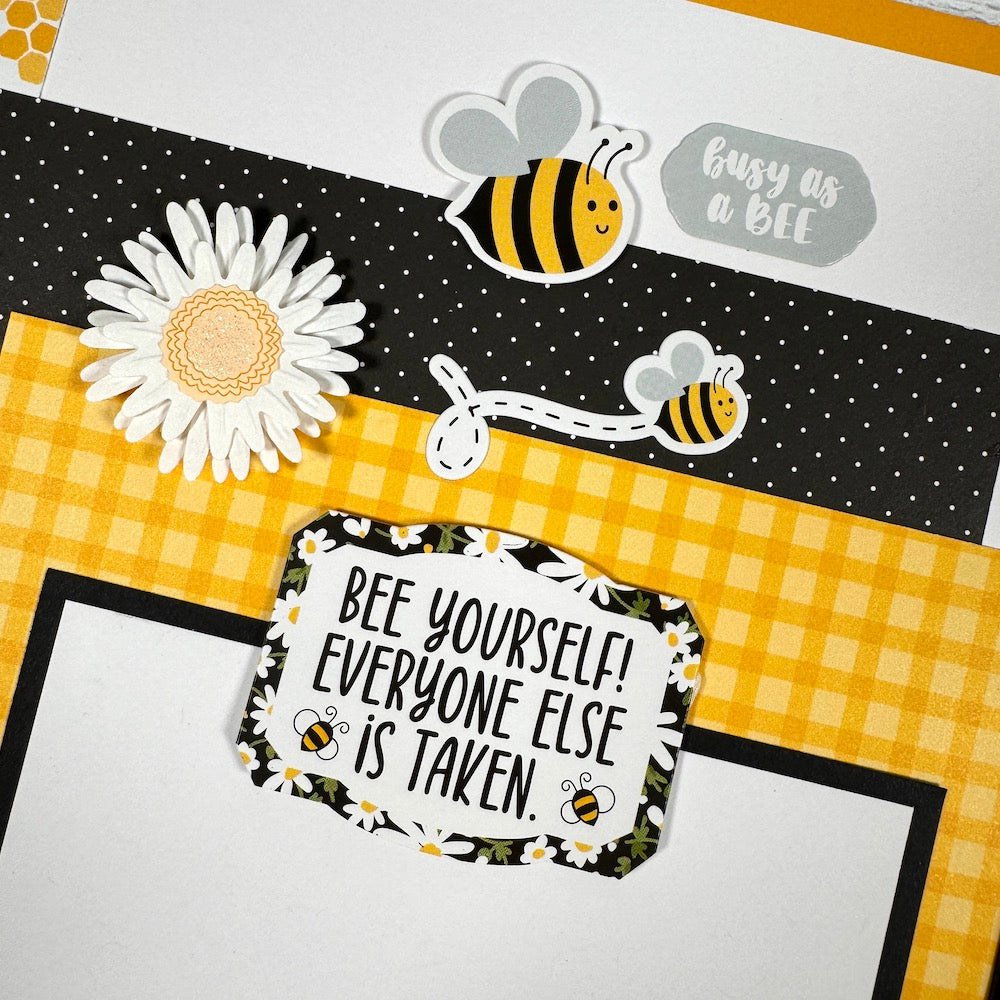 12x12 Bee Happy Scrapbook Page Layout with daisy flowers, bees, and a cute gingham print