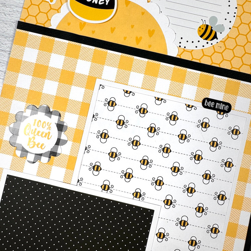 12x12 Bee Happy Scrapbook Page Layout with bees, beehives, a honey pot, and a cute gingham print