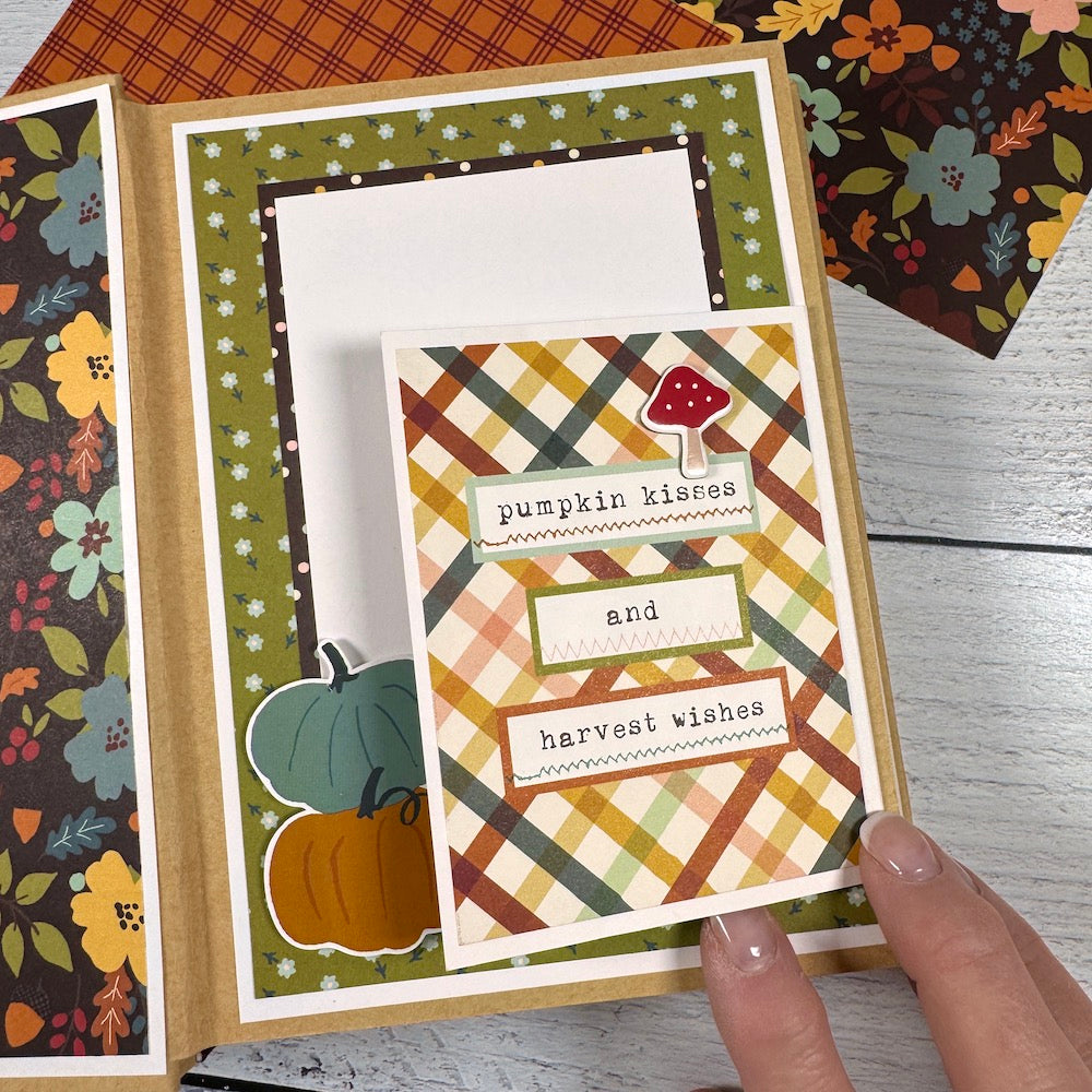 Give Thanks Fall Scrapbook Album Page with pumpkins, flowers, leaves, and a cute fold-out card