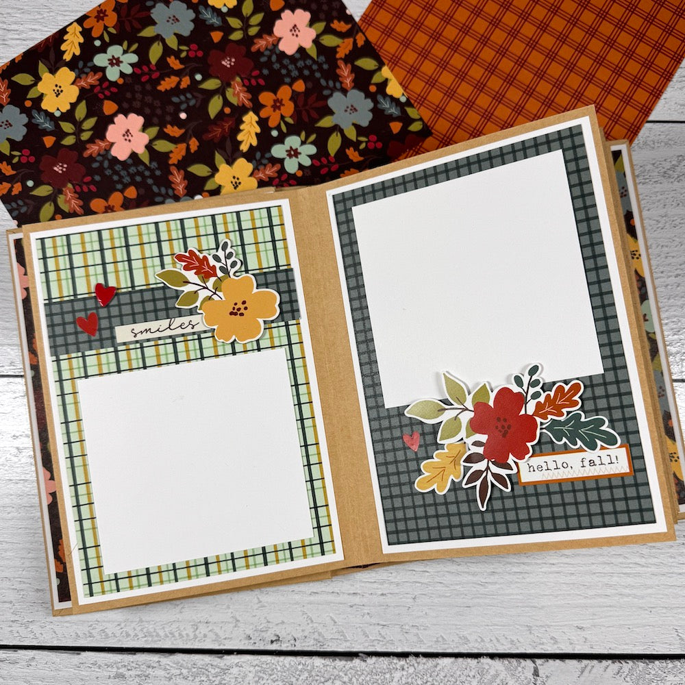 Give Thanks Fall Scrapbook Album Pages with flowers, leaves, hearts, and pretty plaid papers