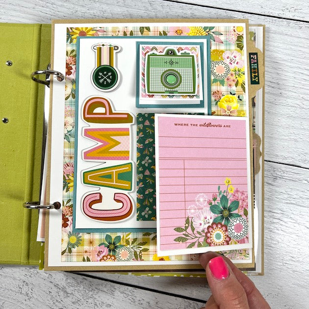 Happy Camper Scrapbook Album page with pretty flowers, colors, and interactive elements