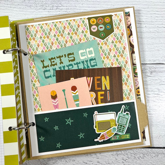 Happy Camper Scrapbook Album page with a pocket for photos and journaling cards