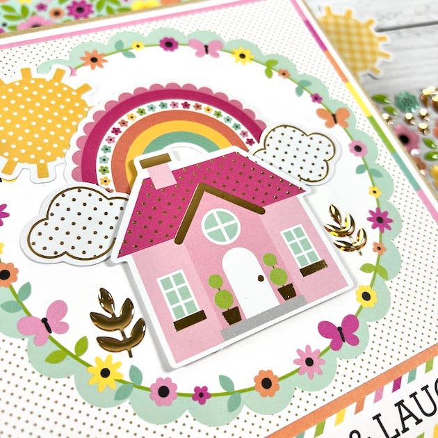 Family & Friend Scrapbook Album with a house, rainbow, sunshine, and gold accents
