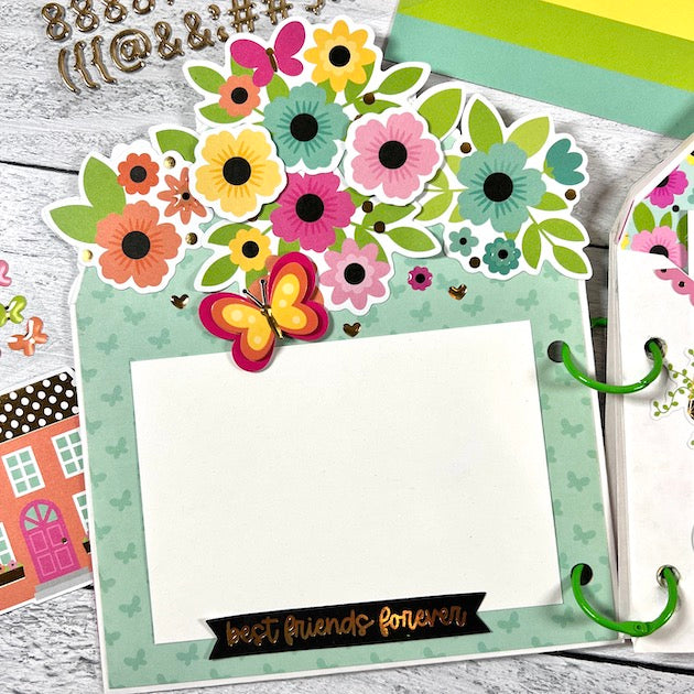 Friends Envelope Scrapbook Album Page with flowers, a butterfly, and gold accents