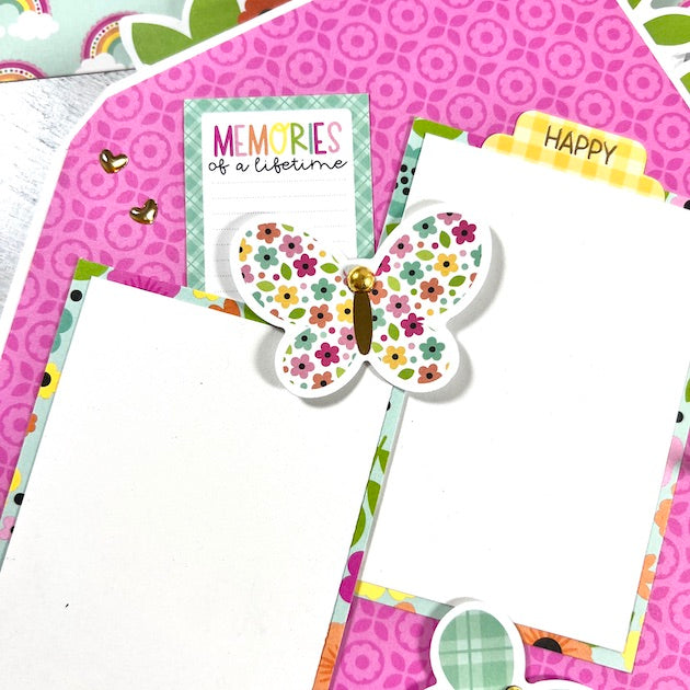 Friends Envelope Scrapbook Album Page with a butterfly, colorful flowers, a journaling spot, and gold foil accents