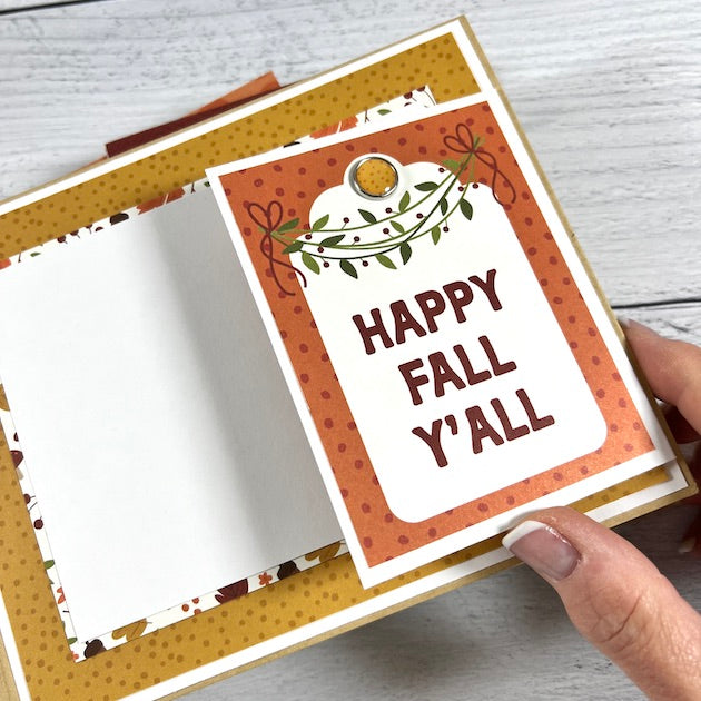 Fall Autumn Memories Scrapbook Album page with a folding element, leaves, a brad, and polka dots