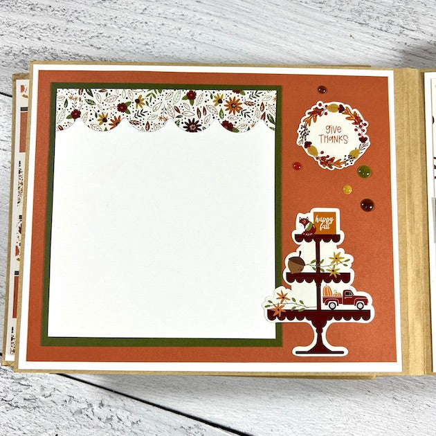 Fall & Autumn Memories Scrapbook Album page with flowers, enamel dots, and a large photo mat