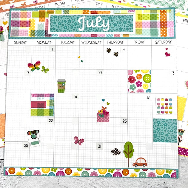 12x12 Monthly Calendar Scrapbook Layout with a buttons, washi tape, and lots of other cute stickers