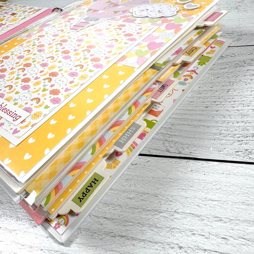 My Baby Girl Scrapbook Album with lots of pretty pages, tabs, flowers, hearts, rainbows, and interactive elements