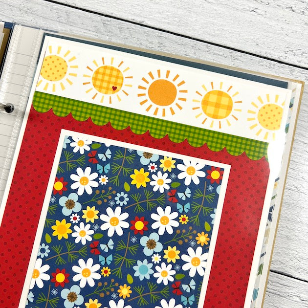 Lake Life Scrapbook Album Page with flowers, sunshine, and a gingham scalloped border