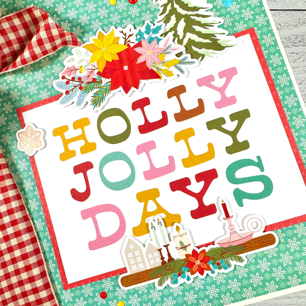 Holly Jolly Days Christmas Scrapbook Album with pine trees, poinsettia flowers, and snowflakes