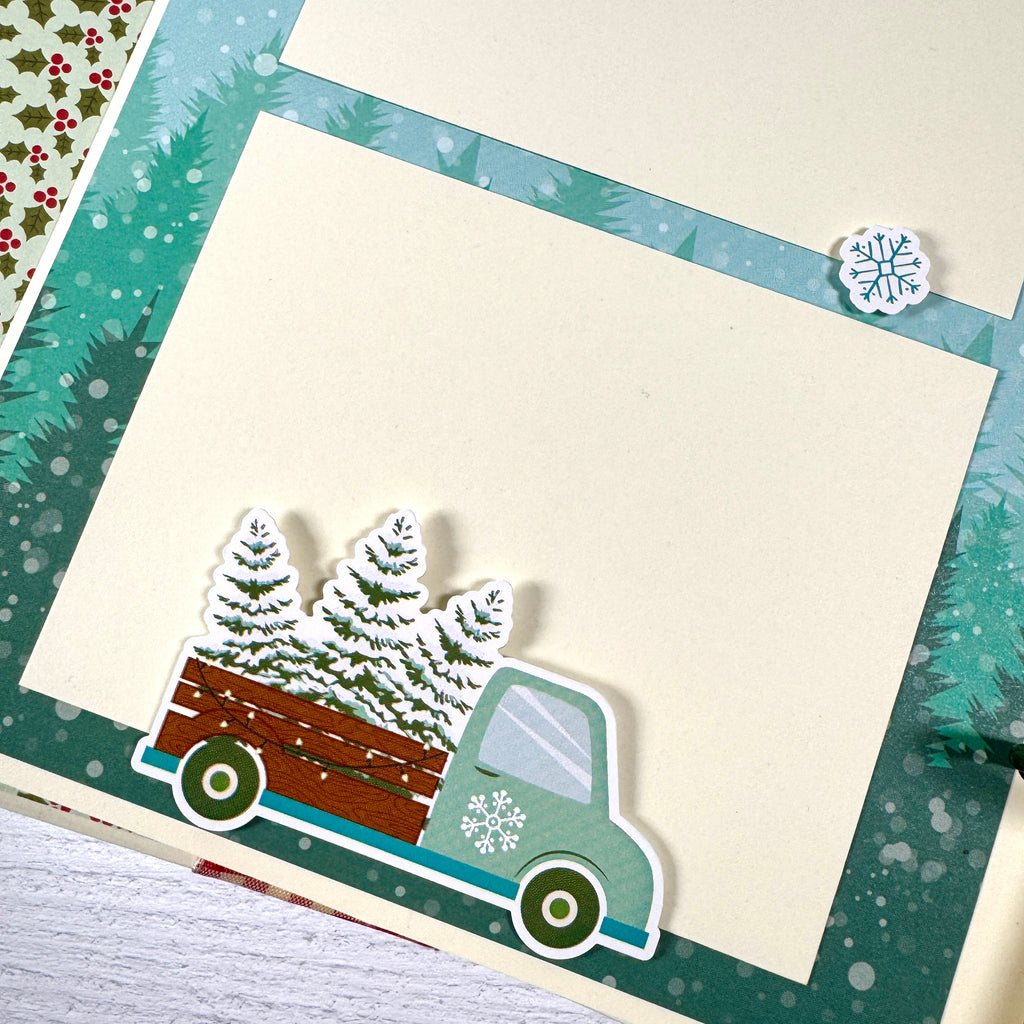 Holly Jolly Days Christmas Scrapbook Album page with pine trees, snowflakes, and a cute pick-up truck