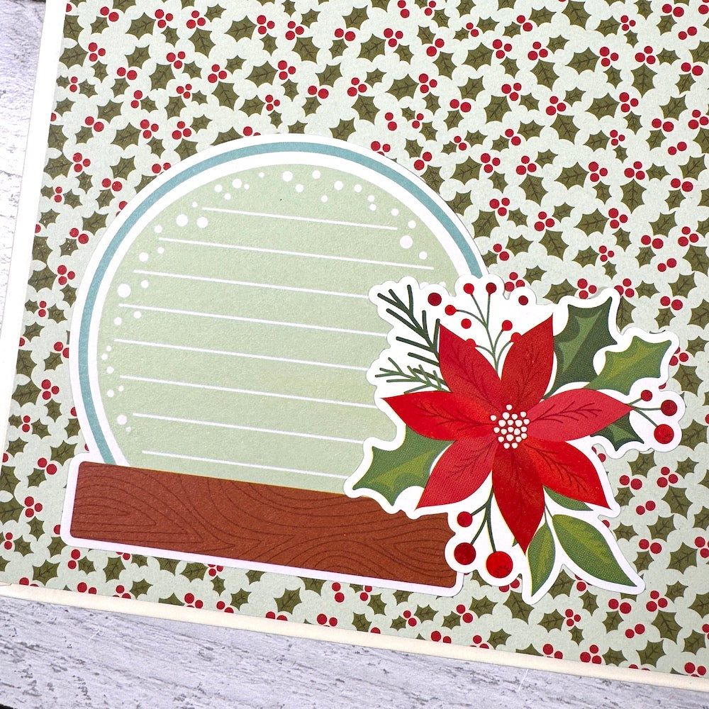 Holly Jolly Days Christmas Scrapbook Album page with a poinsettia flower, holly berries and leaves, and a cute circular journaling spot