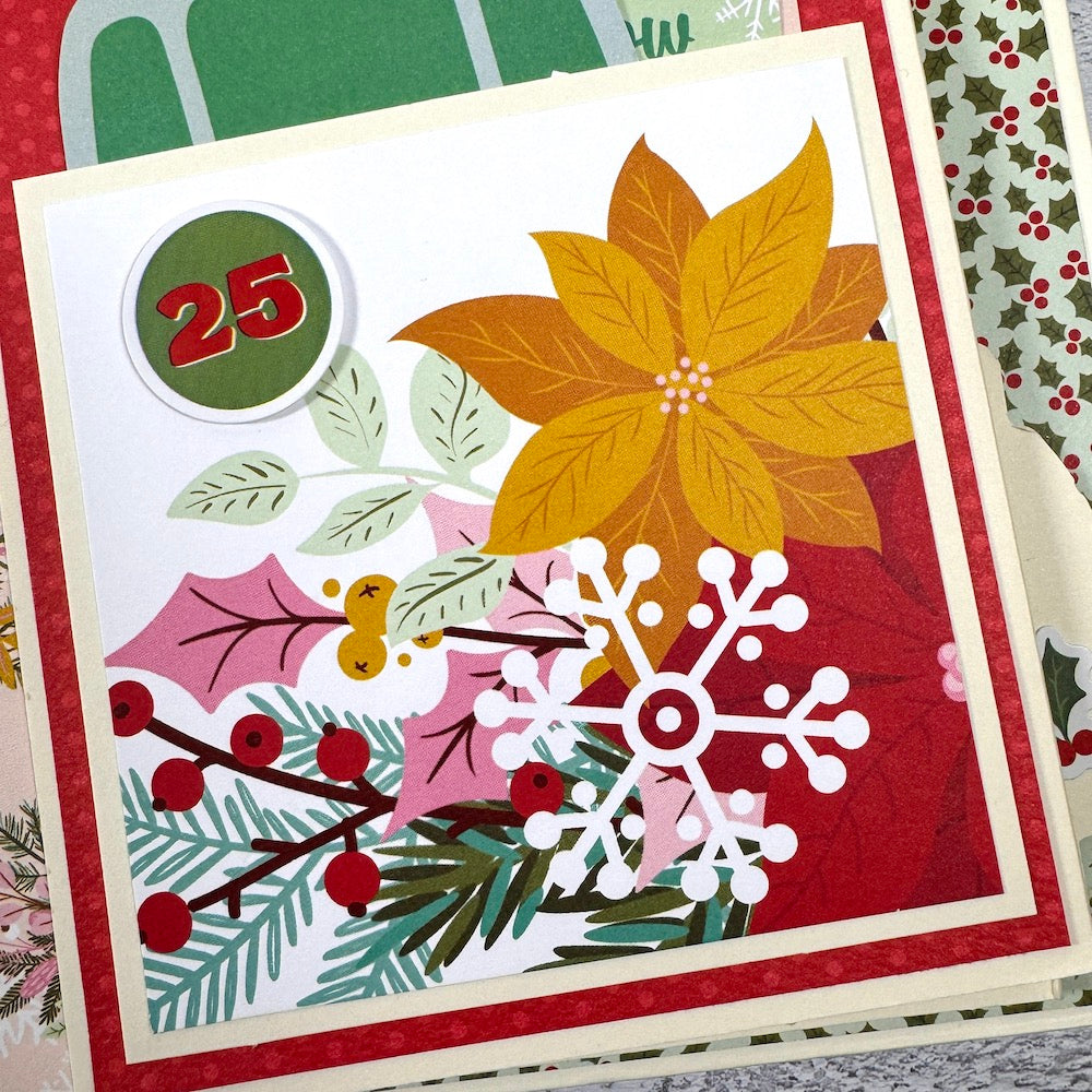 Holly Jolly Days Christmas Scrapbook Album page with poinsettia flowers, leaves, berries, and snowflakes