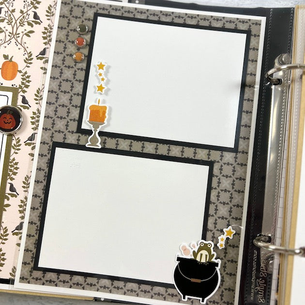 Happy Halloween Scrapbook Album Page with a cauldron, a frog, candles, and photo mats